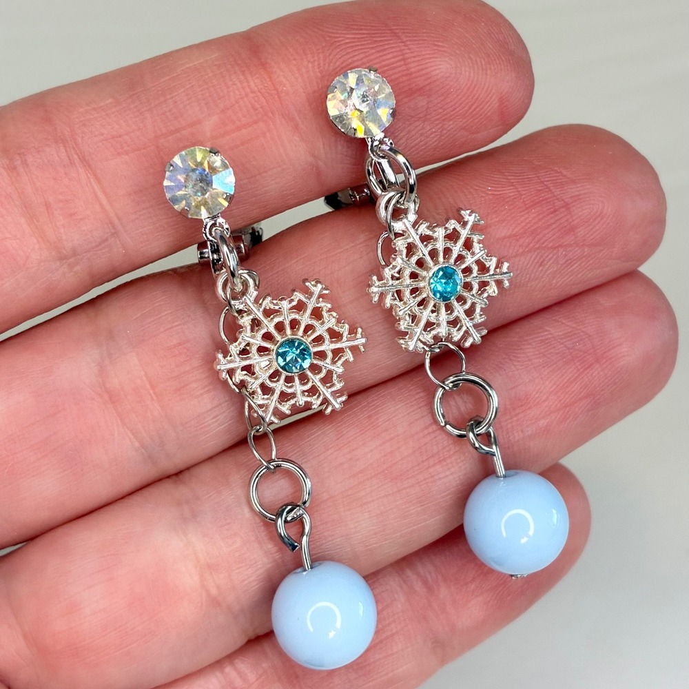 Snowflake Clip On Earrings Kids Blue Bead Dangle Rhinestone Winter Jewelry